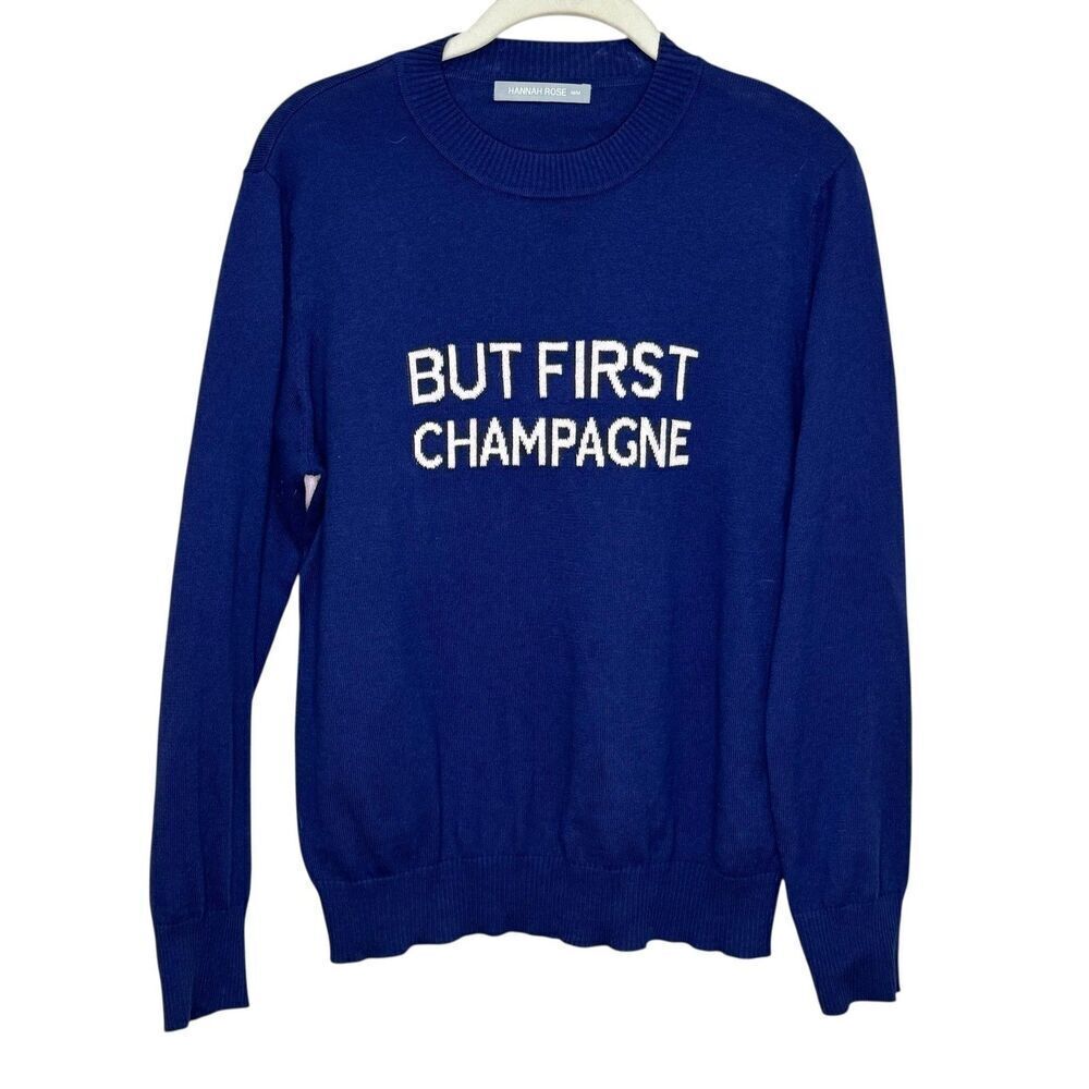 Hannah Rose Sweater Womens Medium Blue But First Champagne Cotton Cashmere